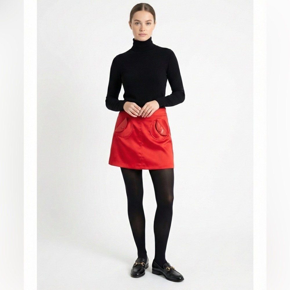 TATYANA Festive Red Poly Blend Satin Faux Leather Pocket Flaps Lined Skirt L